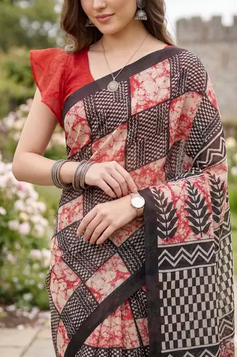 Riva enterprise women's linen blend printed exclusive saree with blouse