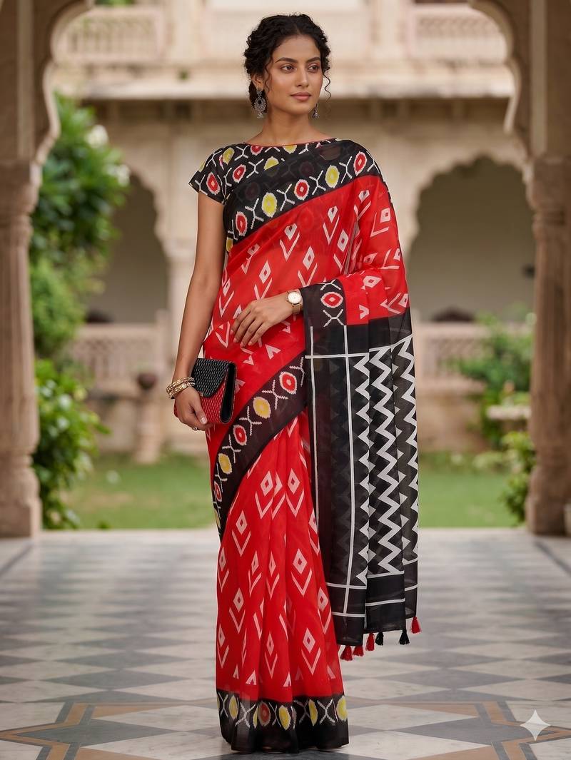 Riva enterprise women's linen blend printed exclusive saree with blouse