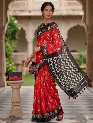 Riva enterprise women's linen blend printed exclusive saree with blouse 2
