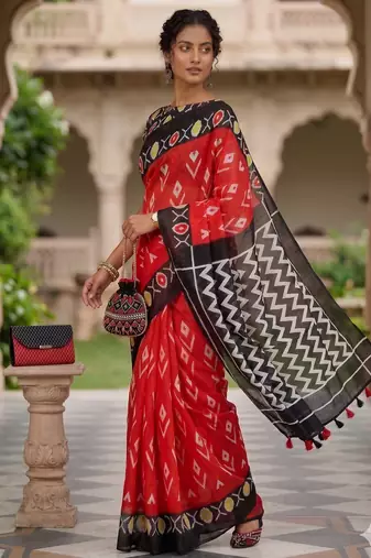 Riva enterprise women's linen blend printed exclusive saree with blouse