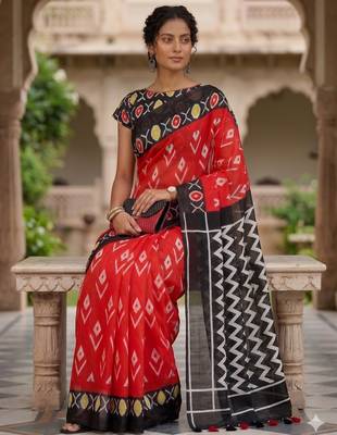 Riva enterprise women's linen blend printed exclusive saree with blouse 3