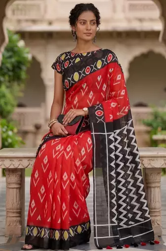 Riva enterprise women's linen blend printed exclusive saree with blouse