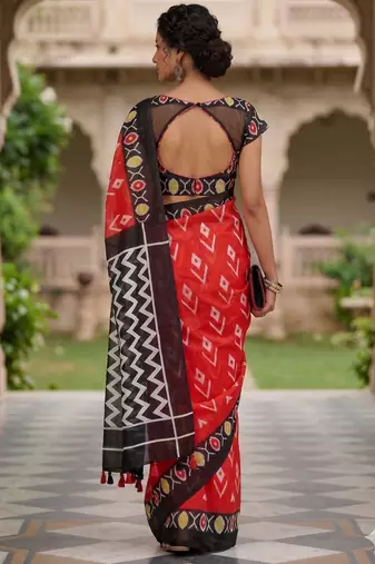 Riva enterprise women's linen blend printed exclusive saree with blouse
