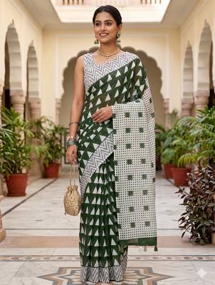 Riva enterprise women's linen blend printed exclusive saree with blouse 1