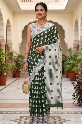 Riva enterprise women's linen blend printed exclusive saree with blouse