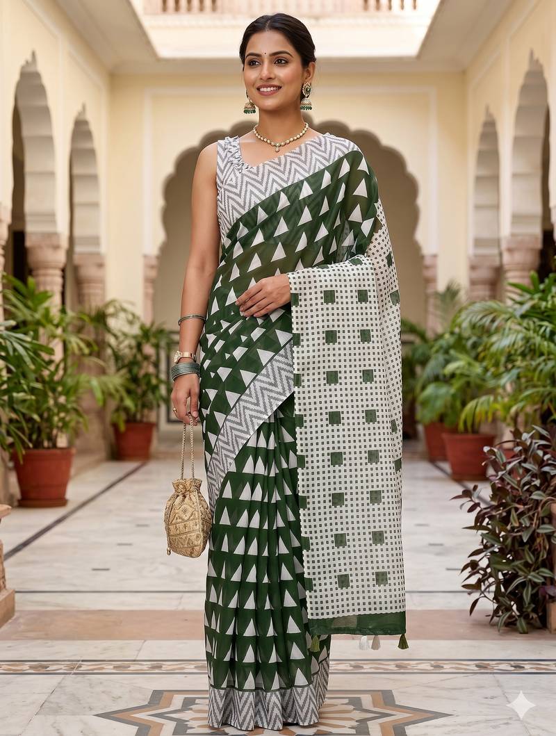 Riva enterprise women's linen blend printed exclusive saree with blouse