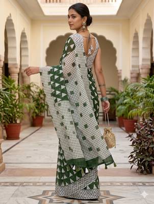 Riva enterprise women's linen blend printed exclusive saree with blouse 2