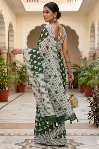 Riva enterprise women's linen blend printed exclusive saree with blouse
