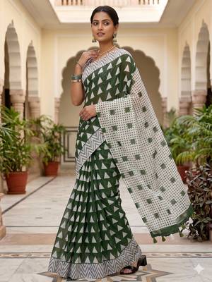 Riva enterprise women's linen blend printed exclusive saree with blouse 4