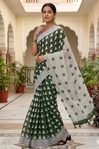 Riva enterprise women's linen blend printed exclusive saree with blouse