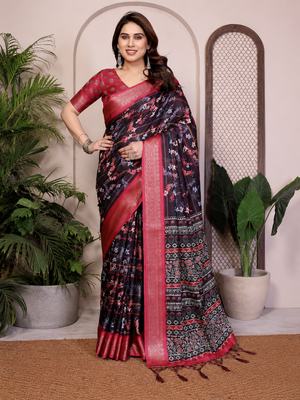 Black Color Zari Weaving Work Silk Blend Saree 1