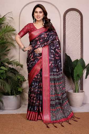 Black Color Zari Weaving Work Silk Blend Saree
