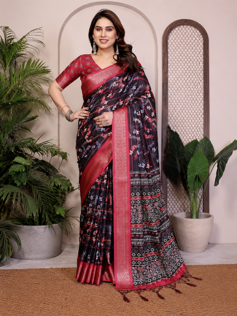 Black Color Zari Weaving Work Silk Blend Saree