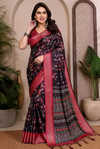 Black Color Zari Weaving Work Silk Blend Saree