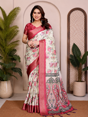 Cream Color Zari Weaving Work Silk Blend Saree 1