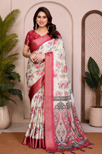 Cream Color Zari Weaving Work Silk Blend Saree