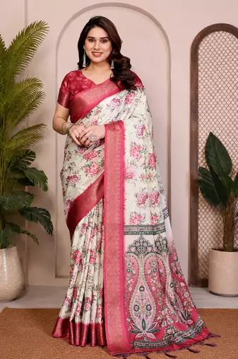 Cream Color Zari Weaving Work Silk Blend Saree