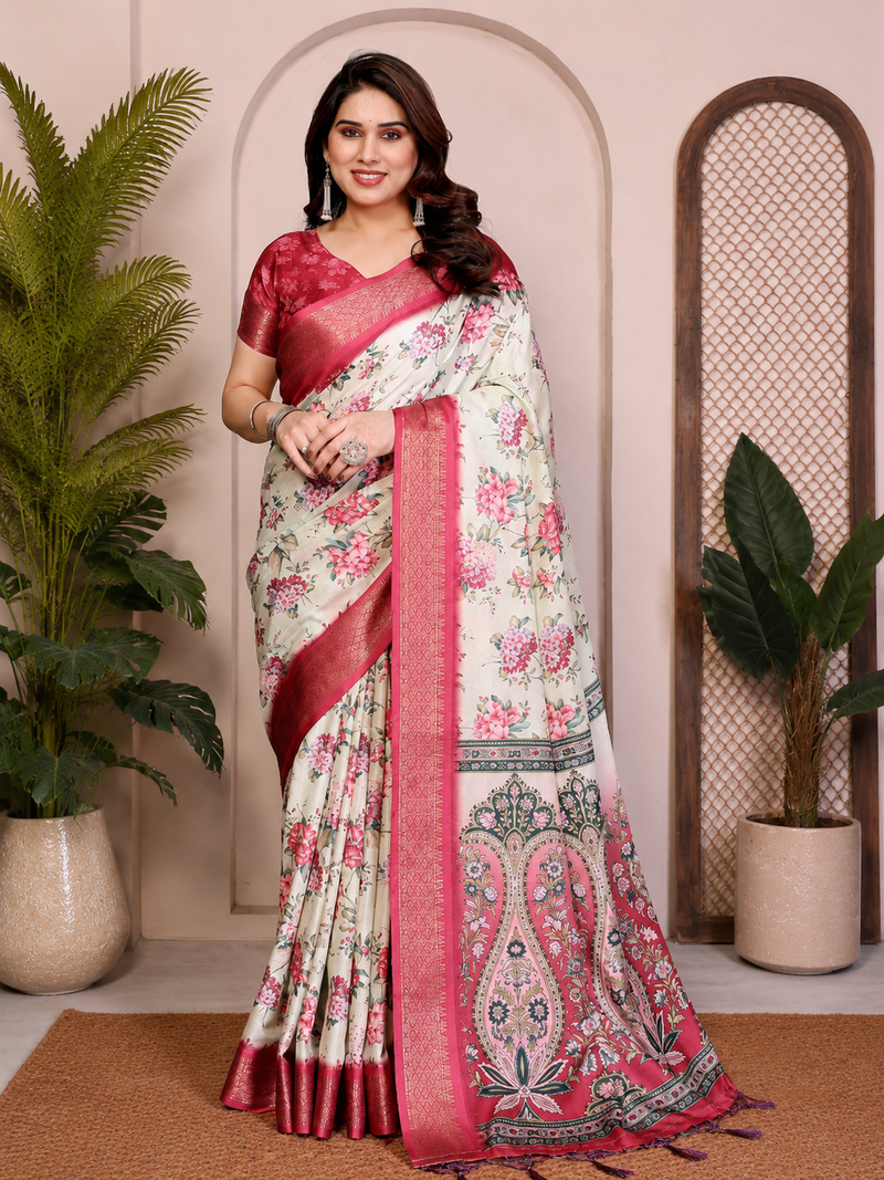 Cream Color Zari Weaving Work Silk Blend Saree
