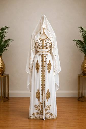 Women’s White & Gold Geometric Embroidered Islamic Kaftan with Wide Waist Belt – Full Length