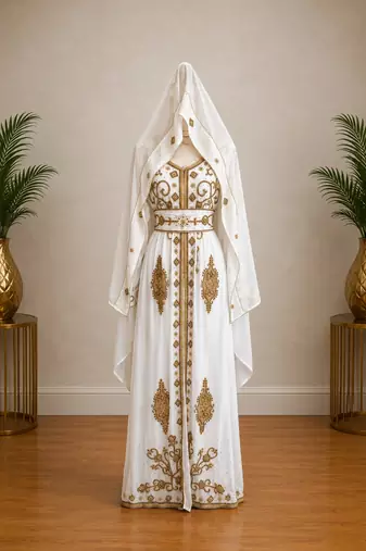 Women’s White & Gold Geometric Embroidered Islamic Kaftan with Wide Waist Belt – Full Length