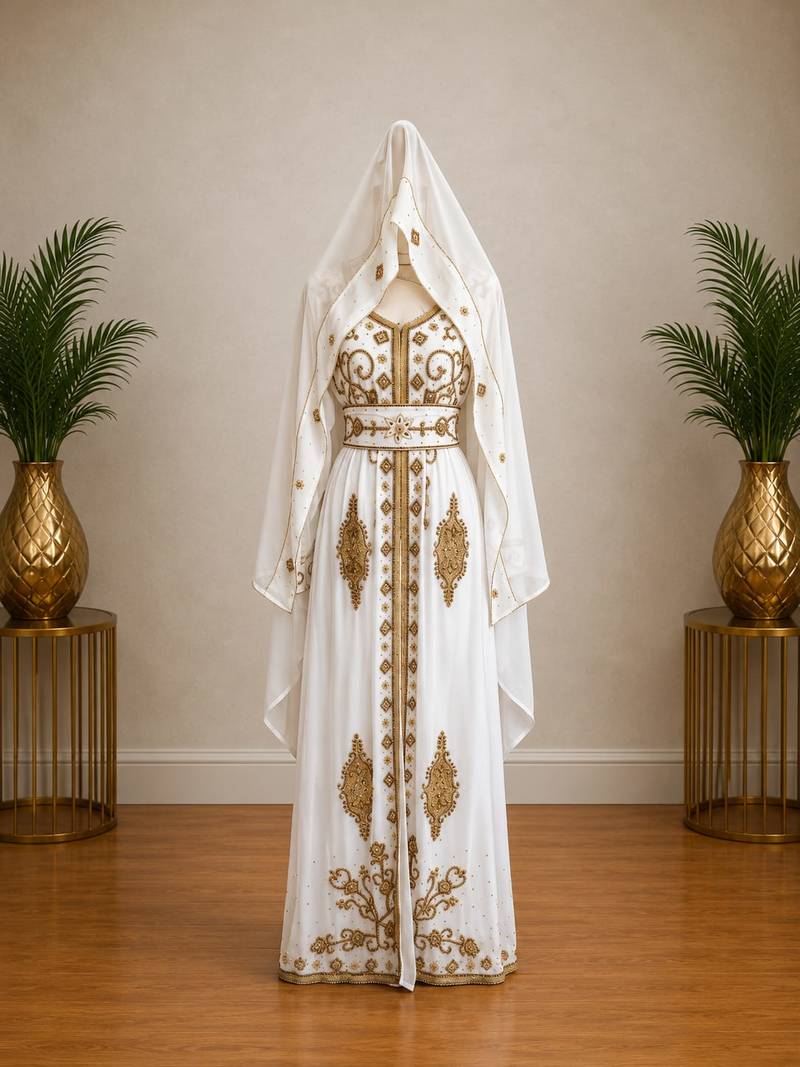 Women’s White & Gold Geometric Embroidered Islamic Kaftan with Wide Waist Belt – Full Length