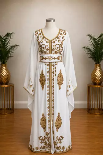 Women’s White & Gold Geometric Embroidered Islamic Kaftan with Wide Waist Belt – Full Length