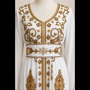 Women’s White & Gold Geometric Embroidered Islamic Kaftan with Wide Waist Belt – Full Length 3