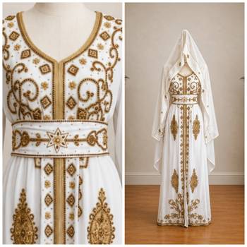 Women’s White & Gold Geometric Embroidered Islamic Kaftan with Wide Waist Belt – Full Length 4