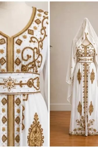 Women’s White & Gold Geometric Embroidered Islamic Kaftan with Wide Waist Belt – Full Length