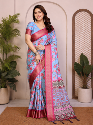 Grey Color Zari Weaving Work Silk Blend Saree 1