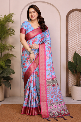 Grey Color Zari Weaving Work Silk Blend Saree