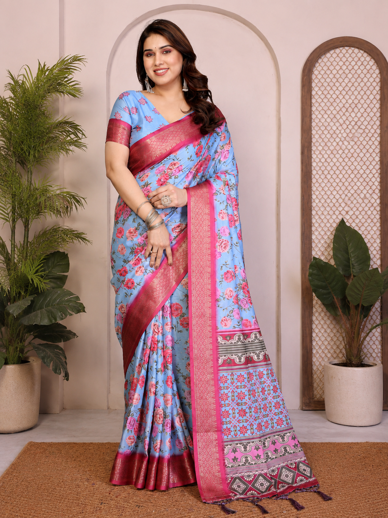 Grey Color Zari Weaving Work Silk Blend Saree