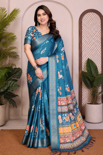 Teal Color Zari Weaving Work Silk Blend Saree
