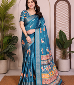 Teal Color Zari Weaving Work Silk Blend Saree