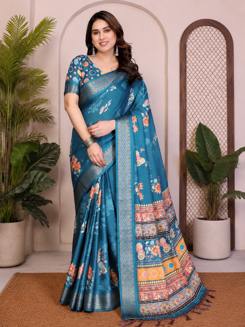 Teal Color Zari Weaving Work Silk Blend Saree