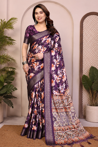 Wine Color Zari Weaving Work Silk Blend Saree