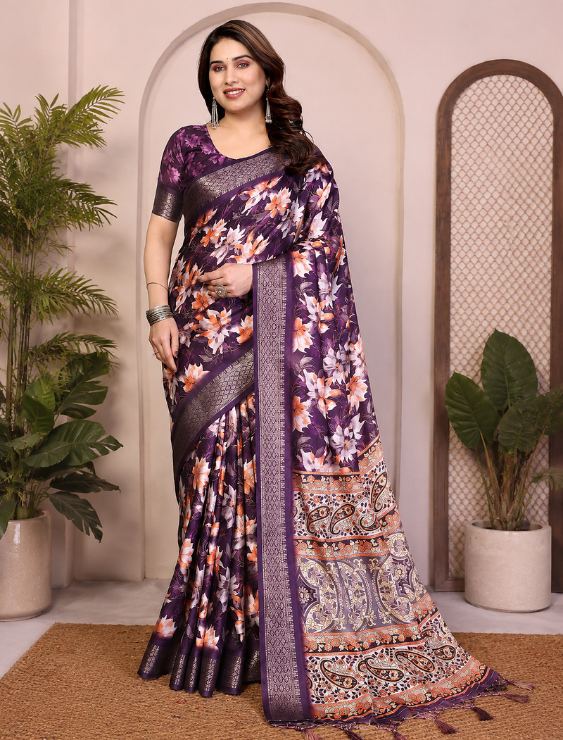 Wine Color Zari Weaving Work Silk Blend Saree