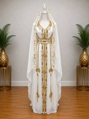 Women’s Luxury White & Gold Embroidered Hooded Farasha with Belt – Premium Islamic Modest Dress 1