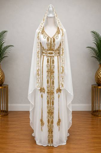 Women’s Luxury White & Gold Embroidered Hooded Farasha with Belt – Premium Islamic Modest Dress