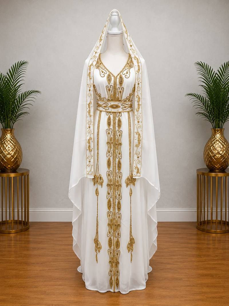 Women’s Luxury White & Gold Embroidered Hooded Farasha with Belt – Premium Islamic Modest Dress