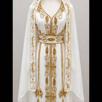 Women’s Luxury White & Gold Embroidered Hooded Farasha with Belt – Premium Islamic Modest Dress 2