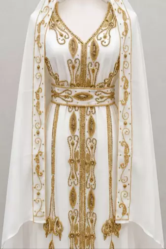 Women’s Luxury White & Gold Embroidered Hooded Farasha with Belt – Premium Islamic Modest Dress