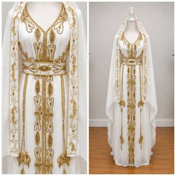 Women’s Luxury White & Gold Embroidered Hooded Farasha with Belt – Premium Islamic Modest Dress 3