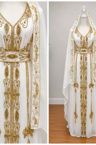 Women’s Luxury White & Gold Embroidered Hooded Farasha with Belt – Premium Islamic Modest Dress