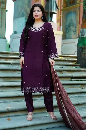Women’s wine embroidered kurta pant set with striped dupatta