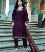 Women’s wine embroidered kurta pant set with striped dupatta