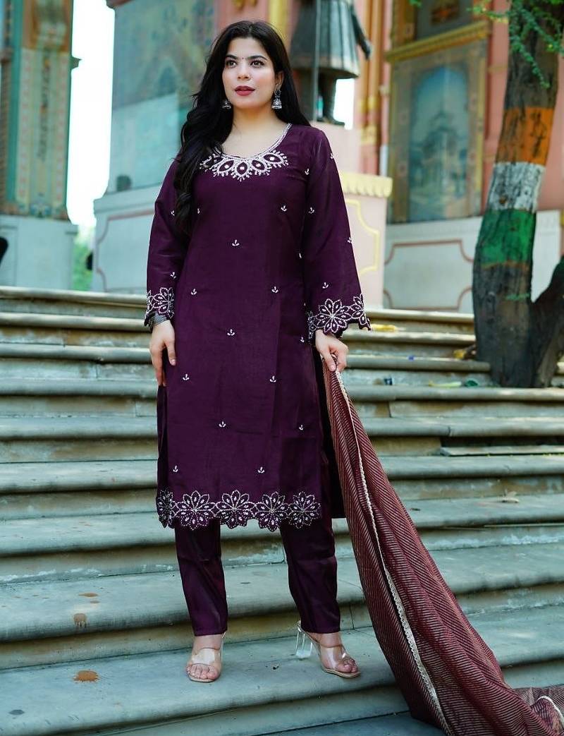 Women’s wine embroidered kurta pant set with striped dupatta