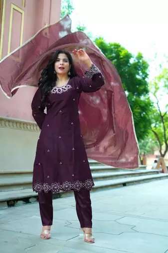Women’s wine embroidered kurta pant set with striped dupatta