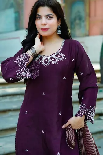 Women’s wine embroidered kurta pant set with striped dupatta