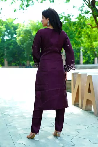 Women’s wine embroidered kurta pant set with striped dupatta